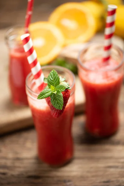 Strawberry Smoothies Decorate Fresh Fruits Wooden Table Close — Stock Photo, Image
