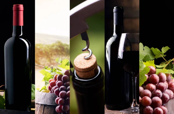 Eine Flasche Wein Mit Roten Trauben Einer Collage Großaufnahme — Stockfoto