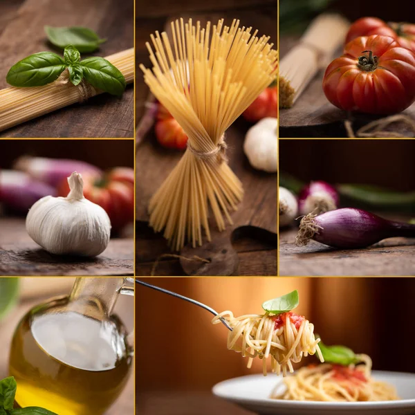 Collage Aus Nudelgericht Spaghetti Mit Tomatensauce Tomaten Frühlingszwiebeln Knoblauch Und — Stockfoto