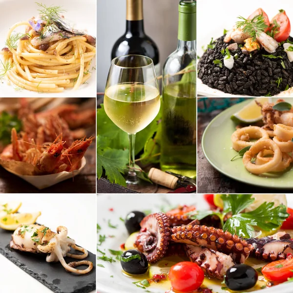 Conjunto Alimentos Diferentes Mariscos Collage Foto Concepto Comida —  Fotos de Stock