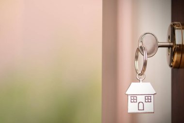 Evin anahtarı. Giriş kahverengi kapının kilidinde gümüş anahtarlık. Kopya alanı da var.