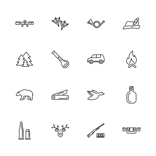 Animal Hunting Hunt Equipment Outline Icons Set Schwarzes Symbol Auf — Stockvektor