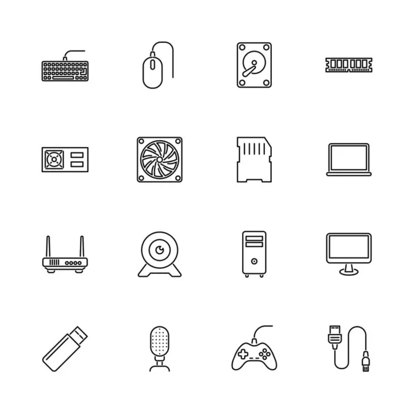 Hardware Computer Parts Set Icone Contorno Simbolo Nero Sfondo Bianco — Vettoriale Stock