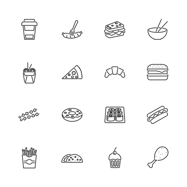 Fast Food Junk Eating Outline Icons Set Schwarzes Symbol Auf — Stockvektor
