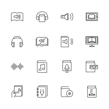 Eserler, Audiobook, Kütüphane ana hatları simgeleri - beyaz arkaplanda siyah sembol. Ebooks, Audiobook Basit İllüstrasyon Sembolü - basitlik İşareti. Düz Vektör ince satır Simgesi - düzenlenebilir vuruş
