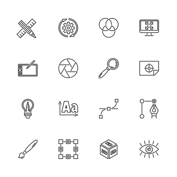 Graphic Design Project Outline Iconen Set Zwart Symbool Witte Achtergrond — Stockvector