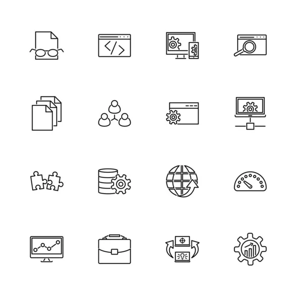 Sviluppo Web Set Icone Contorno Programmazione Simbolo Nero Sfondo Bianco — Vettoriale Stock