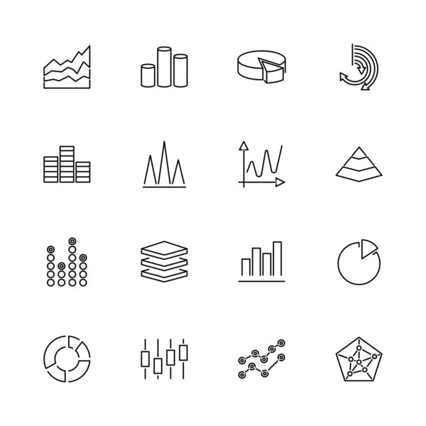 Diagram Graphs, Chart Pie outline icons set - Black symbol on white background. Diagram Graphs, Chart Pie Simple Illustration Symbol - lined simplicity Sign. Flat Vector thin line Icon editable stroke