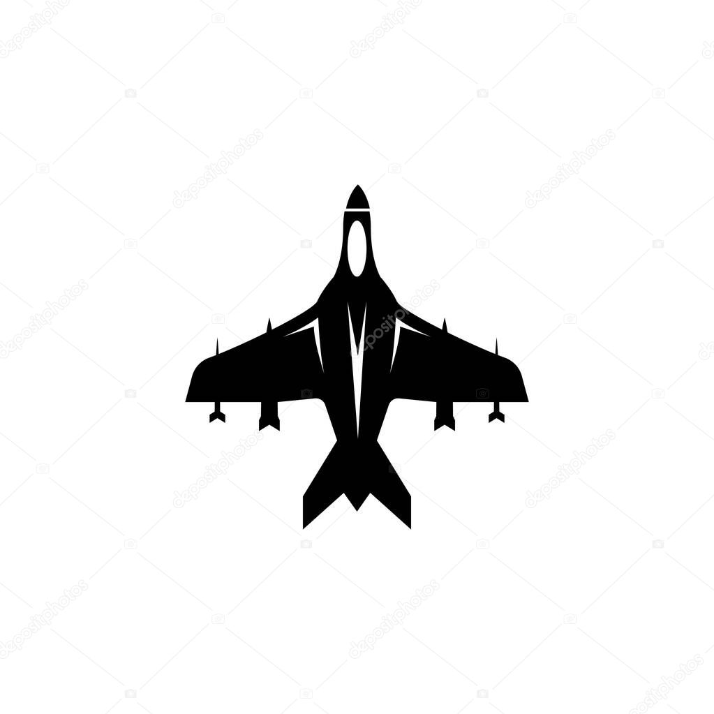 Flying Fighter Jet, War Airplane, Air Bomber. Flat Vector Icon illustration. Simple black symbol on white background. Flying Fighter Jet, Air Bomber sign design template for web and mobile UI element