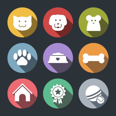 Düz vektör evde beslenen hayvan Icon set - köpek, kedi, fare