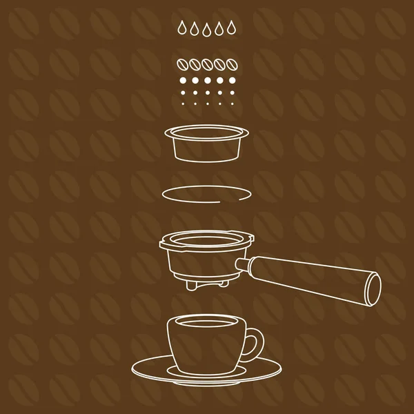 Espresso esquema de elaboración de cerveza en el patrón de granos de café — Vector de stock