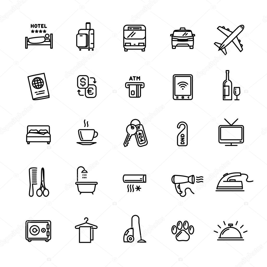 Vector hotel services related set of 25 light outline icons