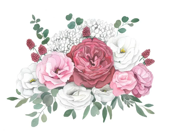 Buket suluboya illüstrasyon kırmızı gül, ortanca, okaliptüs