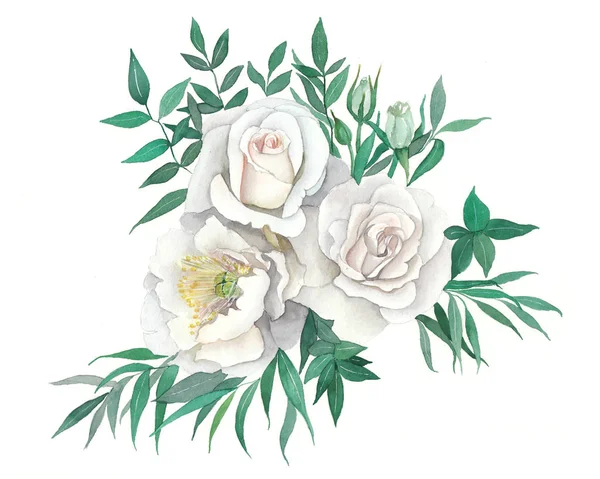 Ilustracja akwarela bukiet z róż i piwonia — Zdjęcie stockowe