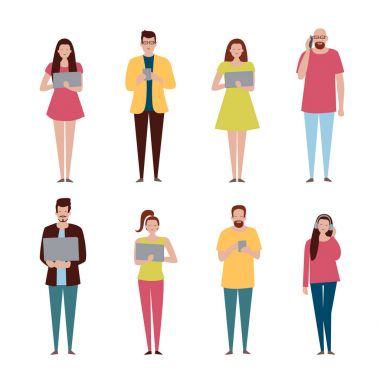 Vektör iş adamları düz bir tarzda cihazlar ile ayarla.