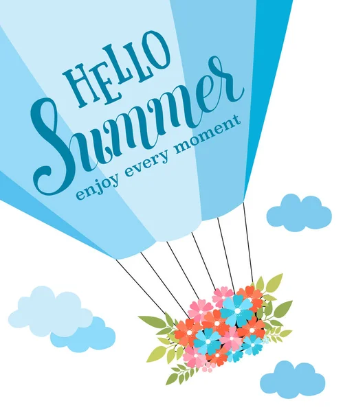 Tarjetas vectoriales de verano con globo aerostático con flores en el cielo — Vector de stock