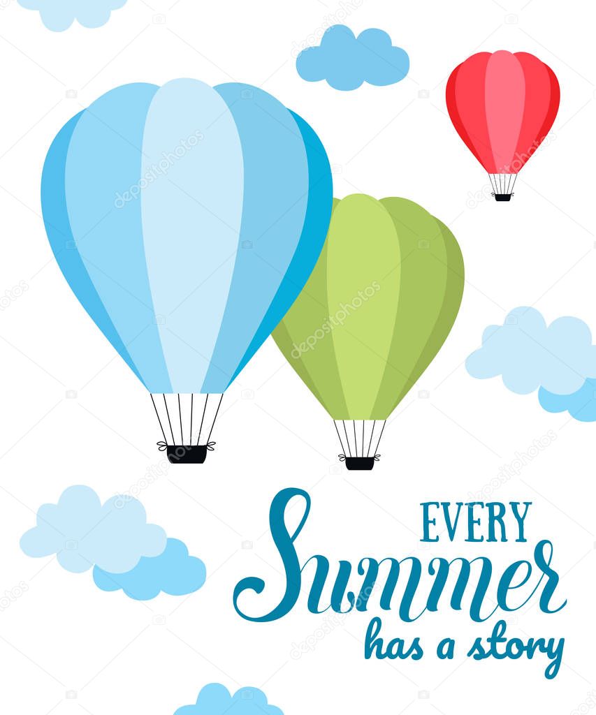 Summer vector cards with hot air balloon in the sky with clouds