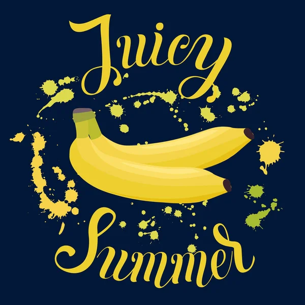 Juicy Inscripción de verano en el fondo con plátano y splas — Vector de stock