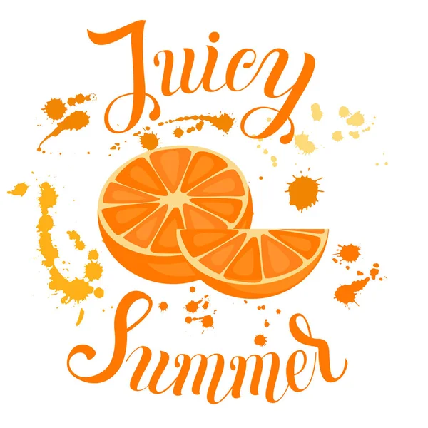 Juicy Inscripción de verano en el fondo con naranja y splas — Vector de stock