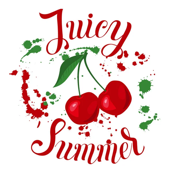 Juicy Inscripción de verano en el fondo con cereza y splas — Vector de stock