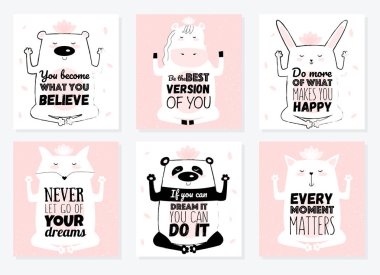 Set vektör karikatür kroki meditative hayvanlar illüstrasyon zekâ