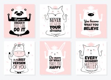 Set vektör karikatür kroki meditative hayvanlar illüstrasyon zekâ