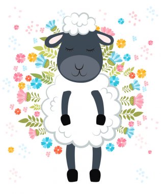 Vektör karikatür kroki sheepillustration çiçekli