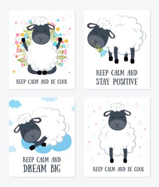 Vektör karikatür kroki koyunları illüstrasyon motivasyon ile kümesi