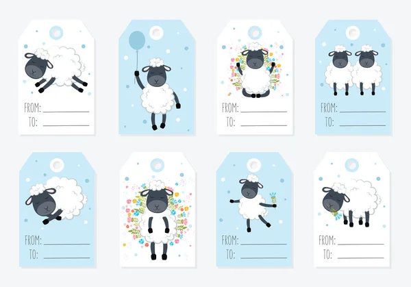 Vector verzameling tags met schattige sheeps in pastel kleuren — Stockvector