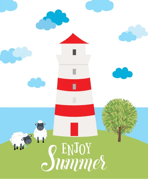 Carte vectorielle d'été avec nuages, phare, moutons, mer, arbre — Image vectorielle