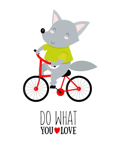 Векторная иллюстрация волка на велосипеде с мотивационной цитатой — стоковый вектор