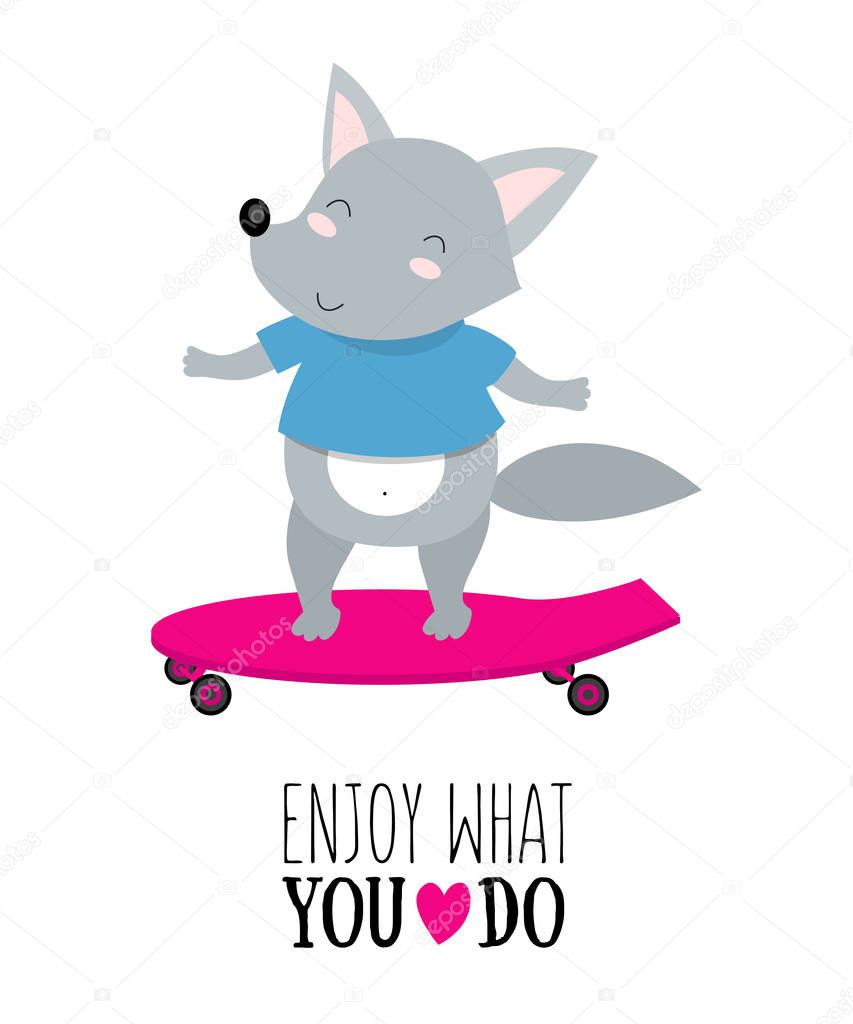 Vector illustration of wolf on a scateboard with motivational qu