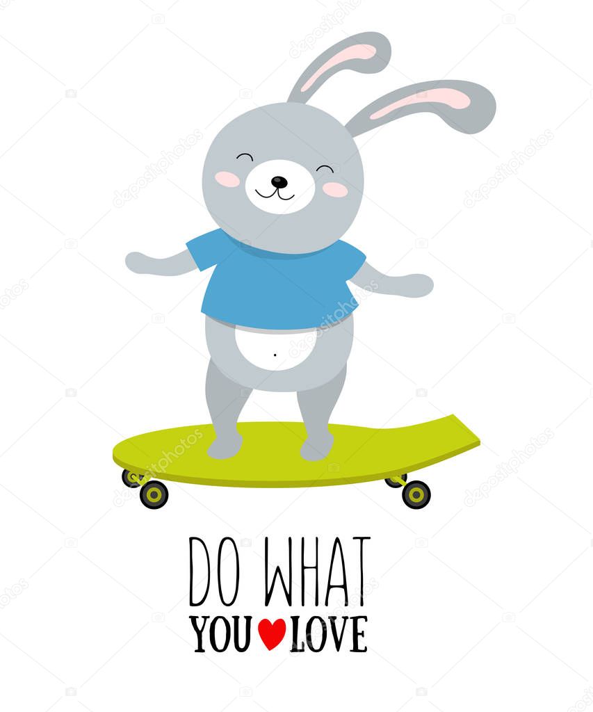 Vector illustration of rabbit on a scateboard with motivational 