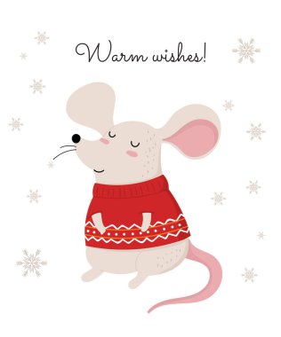 Konforlu giysiler içinde şirin bir kış faresi çizen taşıyıcı posteri.