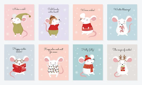 Elinde sevimli kış fareleri olan kart koleksiyonu. — Stok Vektör