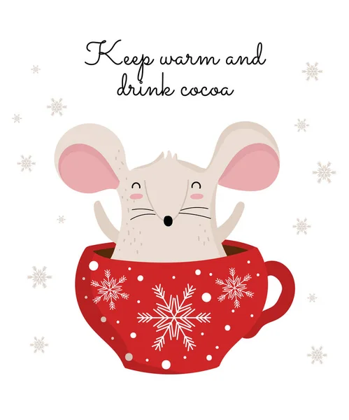 Cartaz vetorial com mão desenhando bonito rato de inverno na xícara. Crea. — Vetor de Stock