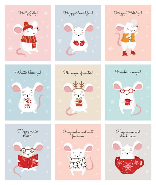 Elinde sevimli kış fareleri olan kart koleksiyonu. — Stok Vektör