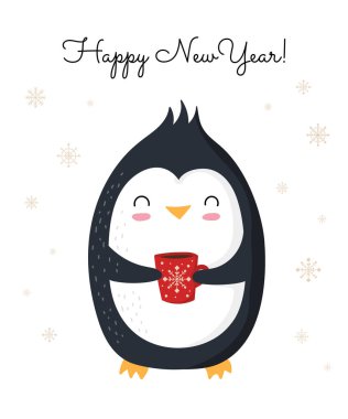 Tatlı penguenler ve kışlarla dolu yeni yıl için yaratıcı bir kartpostal.