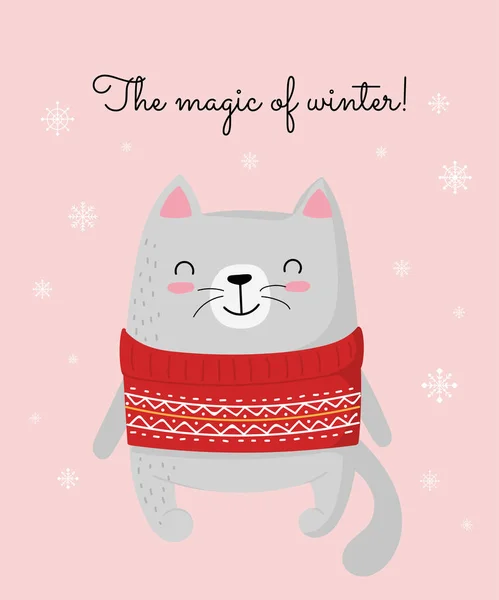 Kreative Postkarte für das neue Jahr 2020 mit süßer Katze und Winterslo — Stockvektor