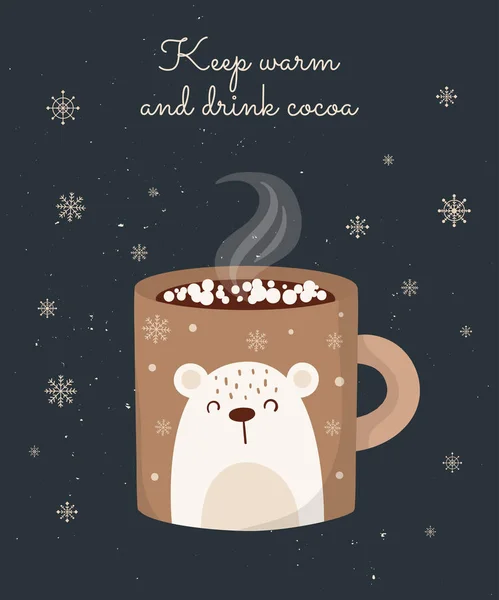 Vector postcard with hot drink in a cute mug and cozy slogan in — Stock Vector