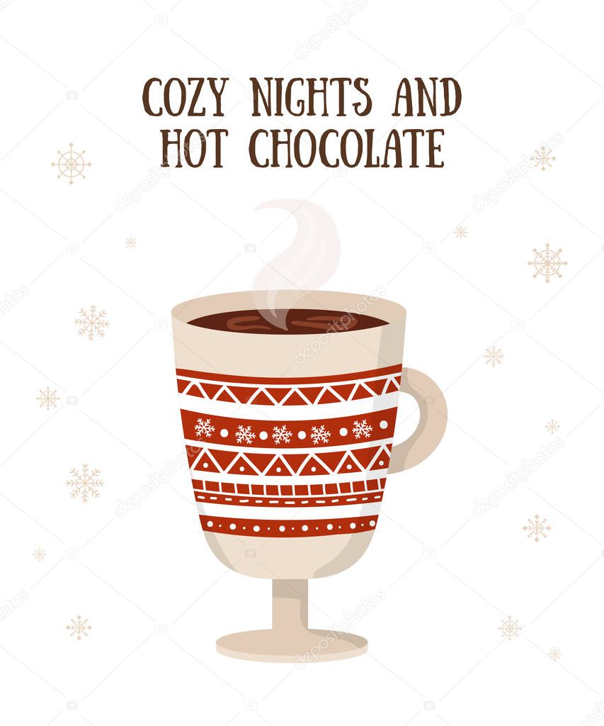 Vector postcard with hot drink in a cute mug and cozy slogan in 
