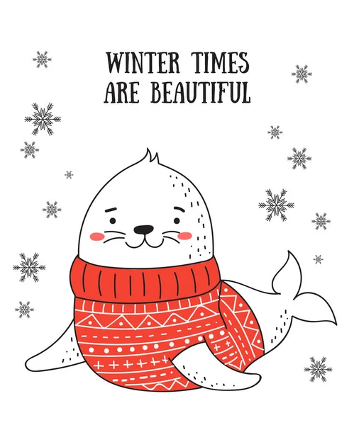 Kreative Postkarte für Weihnachten und Neujahr mit niedlichem Siegel und — Stockvektor