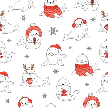 Noel ve yeni yıl için kusursuz desenli şirin foklar. Sebze