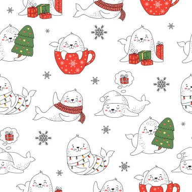 Seamless pattern for Christmas and New Year with cute seals. Vec clipart
