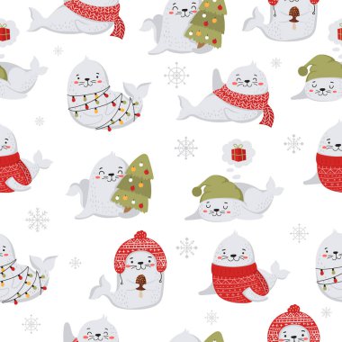 Noel ve yeni yıl için kusursuz desenli şirin foklar. Sebze