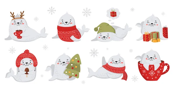 Творческая коллекция милых тюленей к Рождеству и Новому году — стоковый вектор
