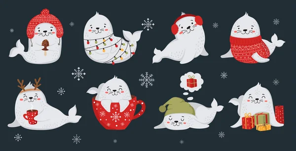 Noel ve Yeni Yıl için yaratıcı şirin fok koleksiyonu — Stok Vektör