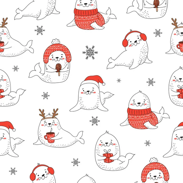 Nahtloses Muster für Weihnachten und Neujahr mit niedlichen Robben. vec — Stockvektor