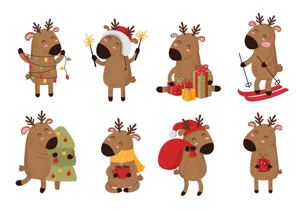 Творческая коллекция милых оленей на Рождество и Новый год. Vec — стоковый вектор