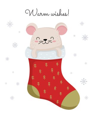 Konforlu giysiler içinde şirin bir kış faresi çizen taşıyıcı posteri.